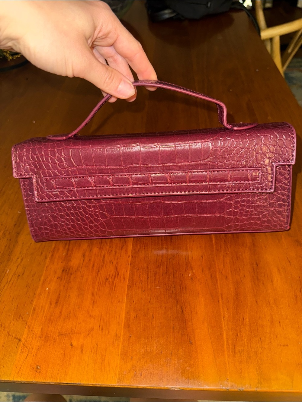 Women's Croc-Embossed Burgundy Top-Handle Clutch